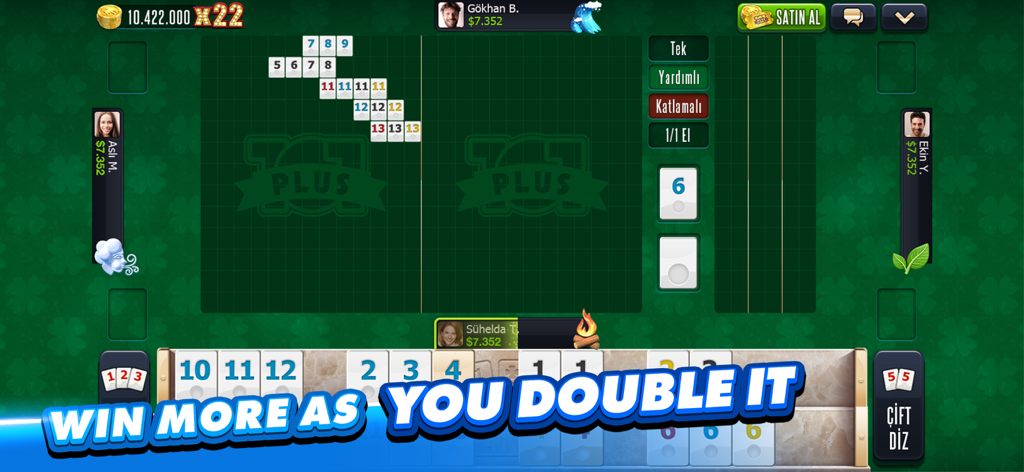 101 Okey Plus Rummy board game gameplay showing tiles and doubling feature