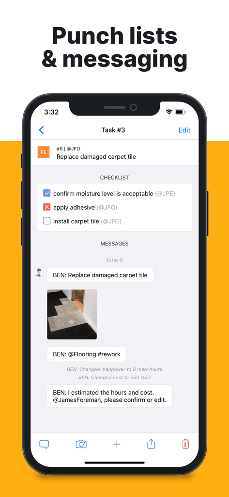 Fieldwire app screenshot showing a construction punch list task with a checklist, photo, and team messaging for onsite collaboration.