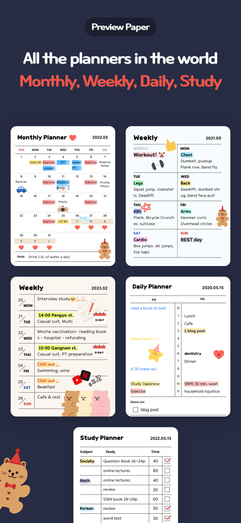 Memong - A collection of cute digital planner layouts for monthly weekly and study schedules decorated with aesthetic stickers and colorful highlights