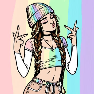 realistic teenage girl with braids and a beanie and crop top doing 🫶🏼