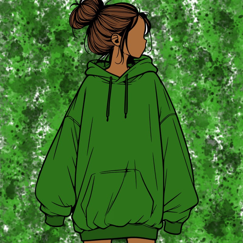 realistic girl with a oversized sweatshirt on and a bun