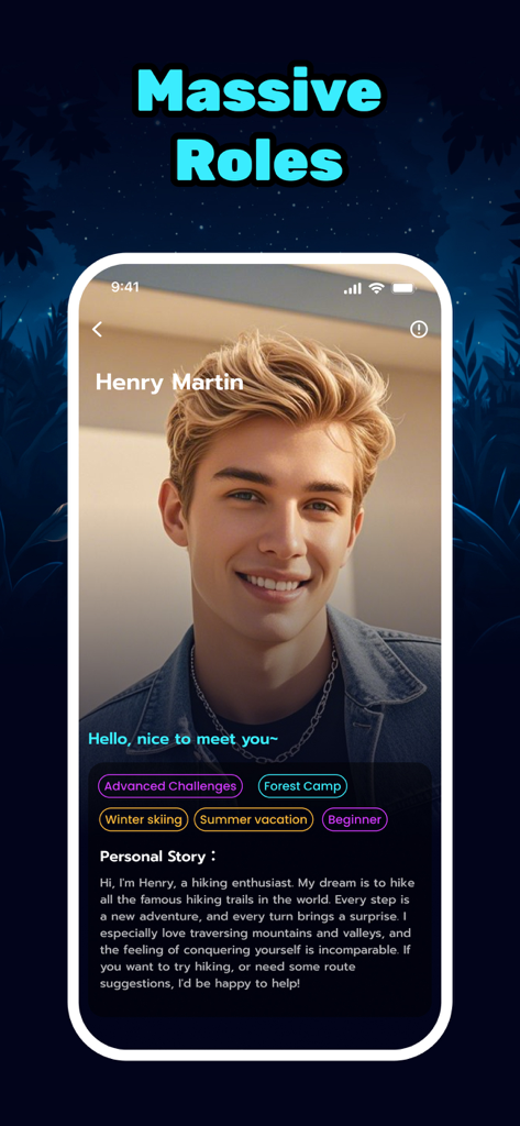 Profilo di un esperto di escursionismo AI chiamato Henry Martin nell'app Synic