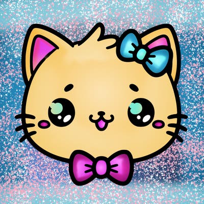 kawaii cat with a bow tie hanging from his ear