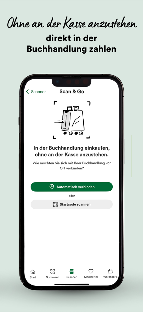 Thalia – Bücher entdecken - Mobile interface of the Thalia bookstore app showing the Scan and Go feature for in store checkout