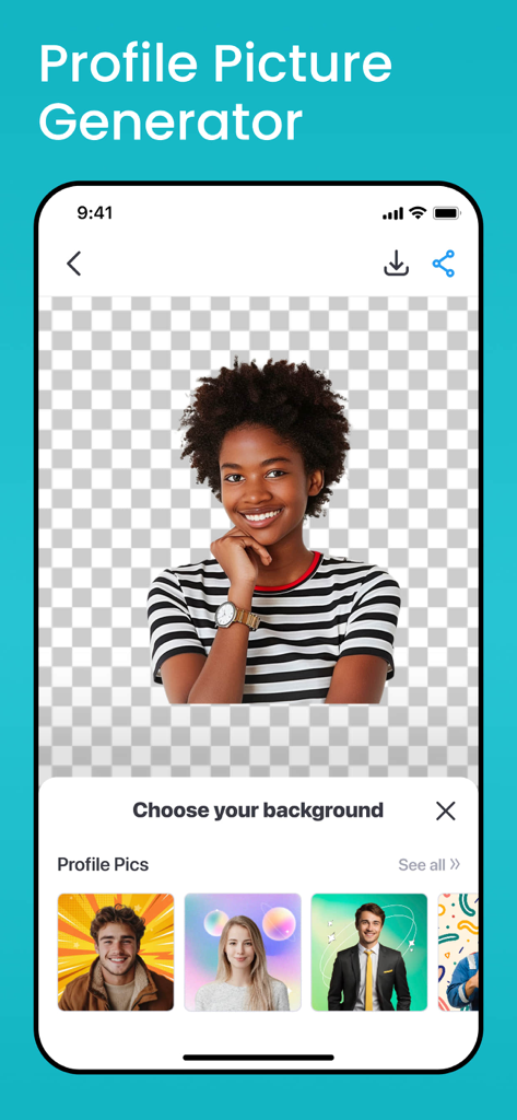 A mobile interface for generating profile pictures showing a woman with a transparent background and various professional background templates below.