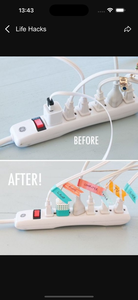 Best Life Hacks 2026 - Before and after comparison of power strip cords organized with colorful labels for different electronics