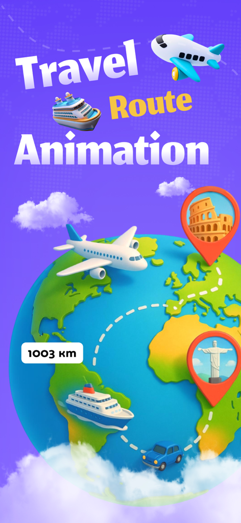 3D globe showing travel route animation with plane, ship, and car icons