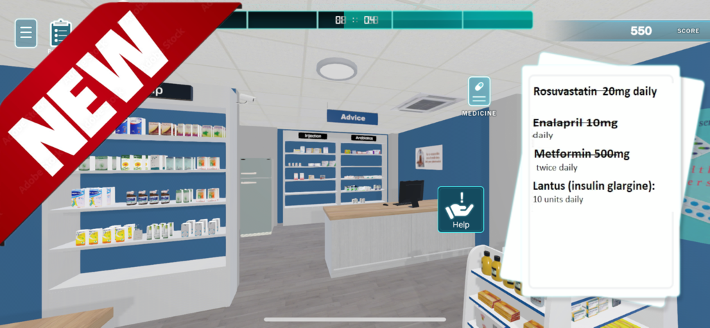 Pharmlator - Uma simulação de treinamento de farmácia 3D no aplicativo Pharmlator mostrando uma lista de verificação de prescrições e prateleiras de medicamentos