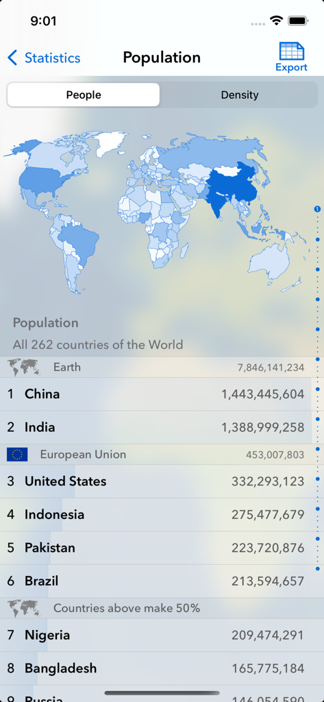 Screenshot dell'app Geography EDU che mostra statistiche demografiche globali con una mappa di calore e un elenco ordinato dei paesi