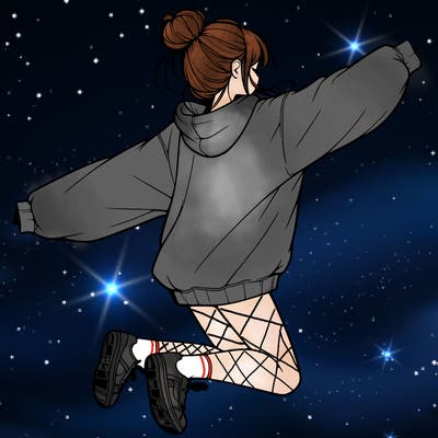 realistic girl jumping with a bun and oversized sweatshirt