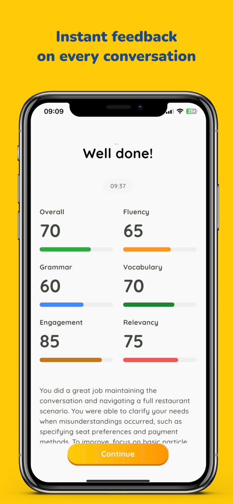 MochiKaiwa - Speak Japanese - MochiKaiwa app screenshot showing AI feedback and scores for Japanese conversation practice