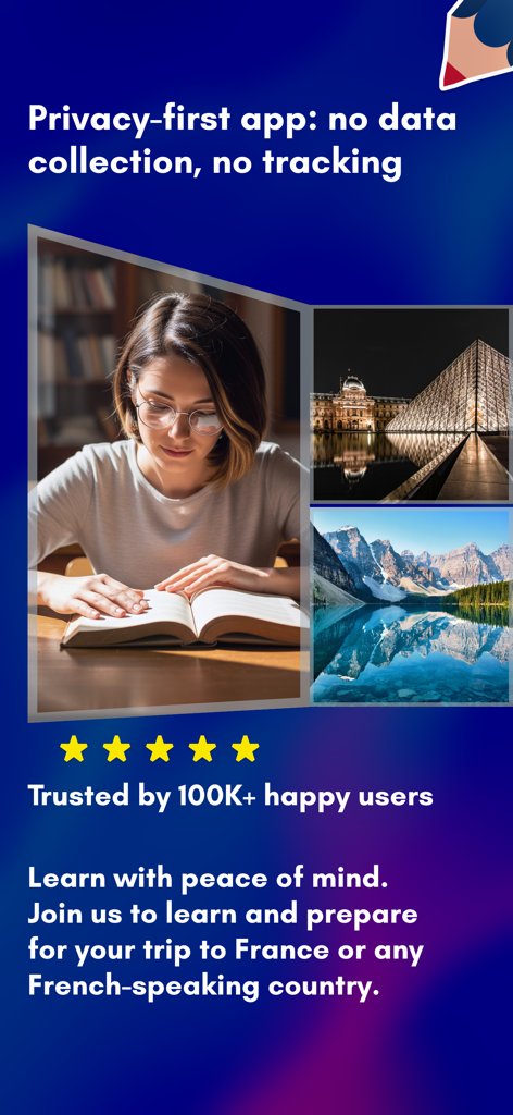 100,000명 이상의 사용자로부터 받은 신뢰와 개인 정보 보호 우선 정책을 강조하는 Conjuga 앱 홍보 화면