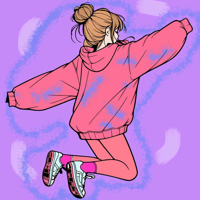 realistic girl jumping with a bun and oversized sweatshirt
