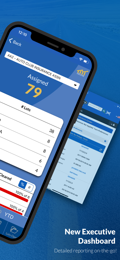 Copart Seller Mobile app executive dashboard displaying vehicle assignments and reporting.