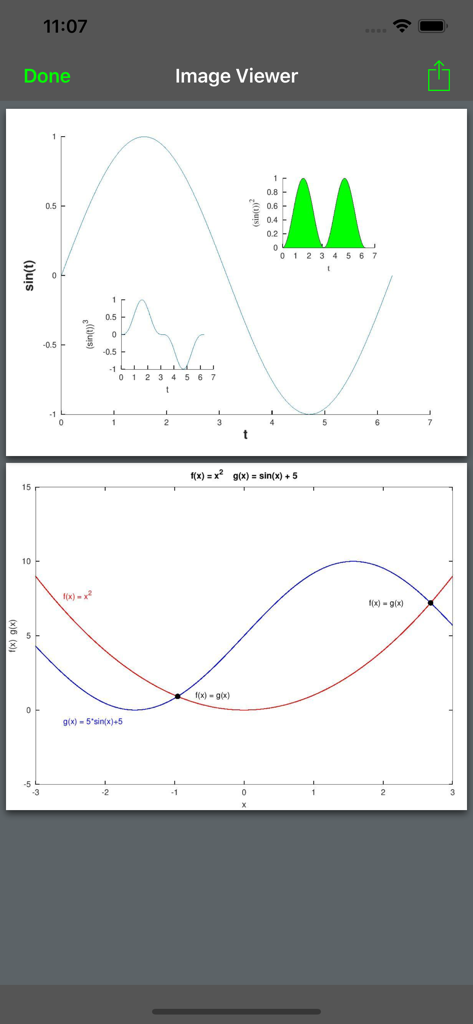Madona: Run MATLAB/Octave code - Display of trigonometric and quadratic function graphs in the Madona app image viewer