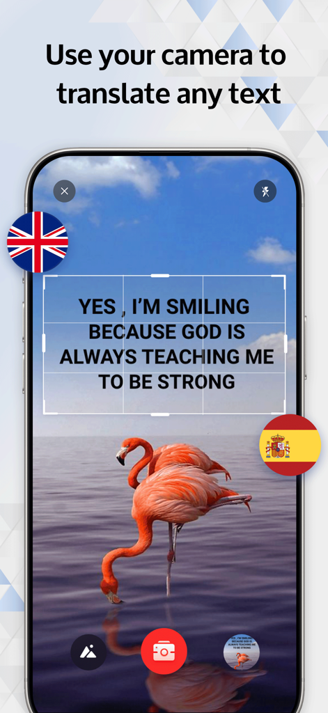 Translator - AI Translate - Smartphone-Oberfläche zeigt die Kameraübersetzungsfunktion der Übersetzer KI-App, die Text aus einem Bild übersetzt.