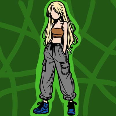 girl in baggy pants crop top and long hair