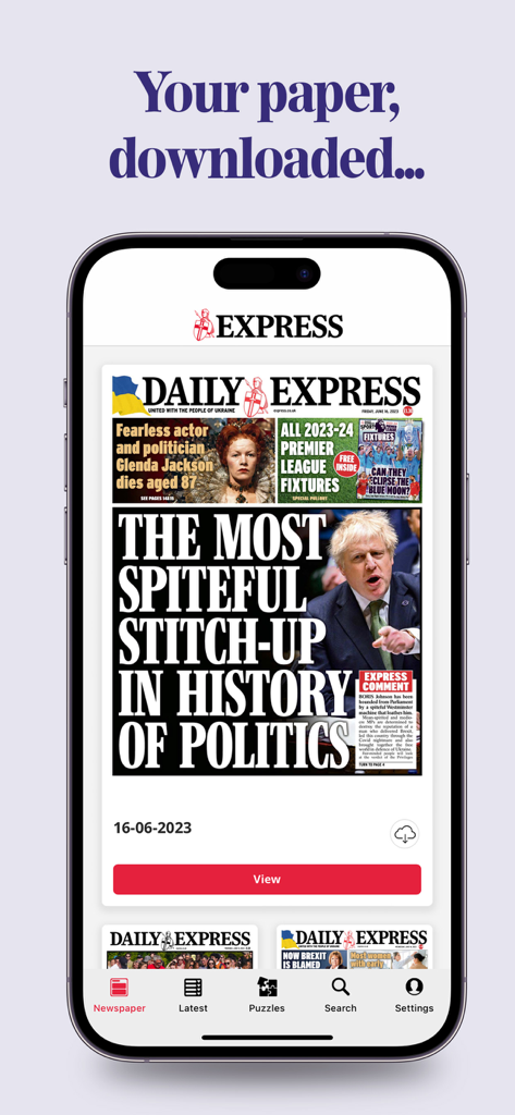 Aplicación de periódico Daily Express que muestra una réplica digital de la portada en un dispositivo móvil