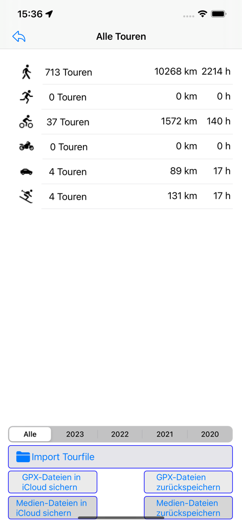FollowMe - Activity history and GPX file backup screen in the FollowMe app
