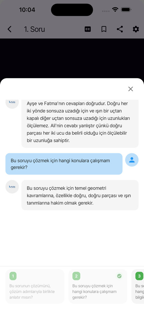 MUBA Video Çözüm - MUBA Video Cozum app chat interface showing a geometry problem explanation and study suggestions in Turkish