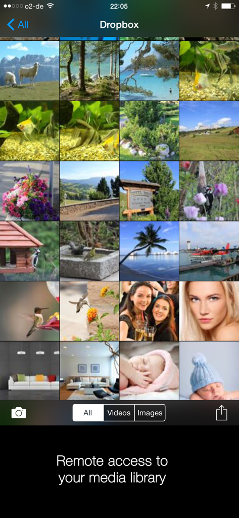 Interface de l'application AirBeam affichant une grille de photos et de vidéos avec accès à distance à une bibliothèque multimédia Dropbox.