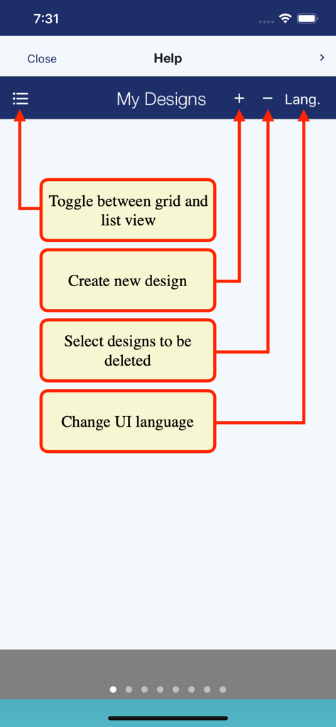 انا محترف الخط - A help screen in the Ana Muhtarif Al Khat app explaining how to create new designs, delete files, and change the UI language.