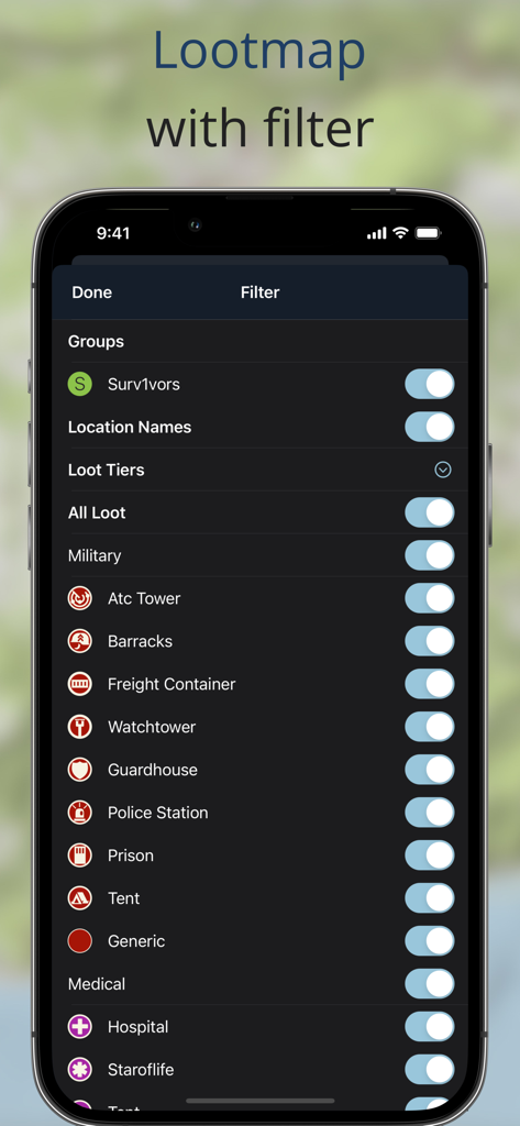 iZurvive app interface showing customizable loot map filters for military and medical locations