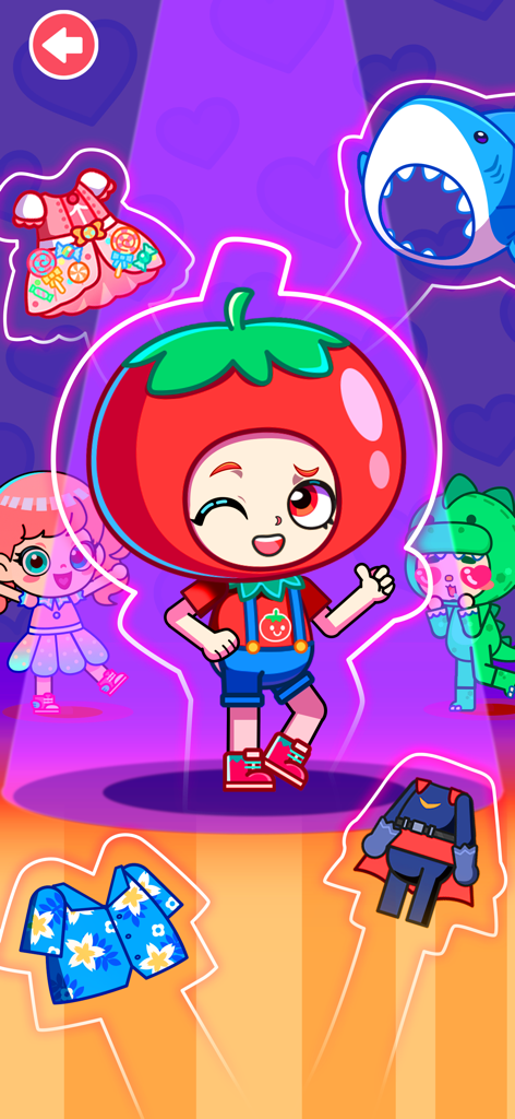 Pizza Games for kids - Um chef de desenho animado vestindo uma fantasia de tomate com várias opções de roupas, como um chapéu de tubarão e um terno de super-herói