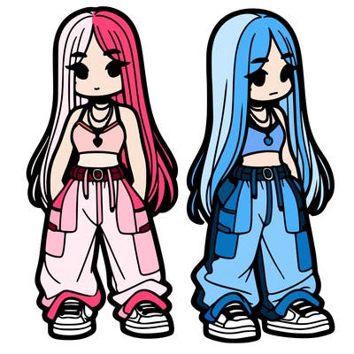 girl in baggy pants crop top and long hair