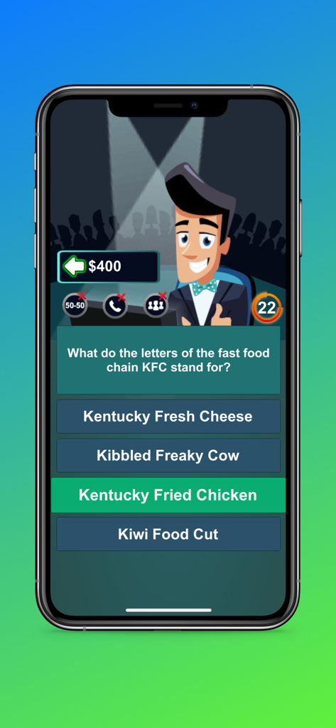 Millionaire Quiz app gameplay screen showing a trivia question about KFC with the correct answer highlighted in green.