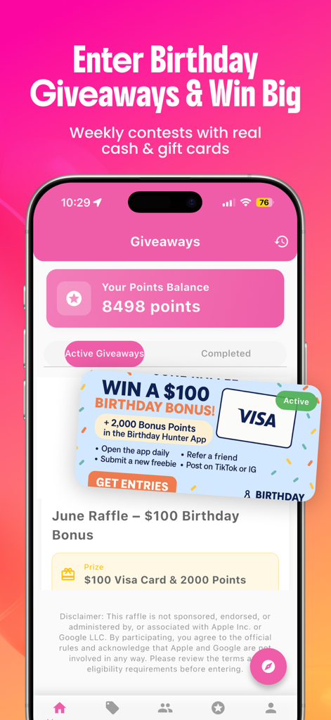 Birthday Hunter: BDay Freebies - A mobile app screen titled Giveaways showing a raffle for a 100 dollar Visa gift card and point balance rewards