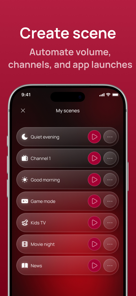 Smart Remote control for LG - Interface of the Smart Remote control for LG app showing quick scenes for TV automation