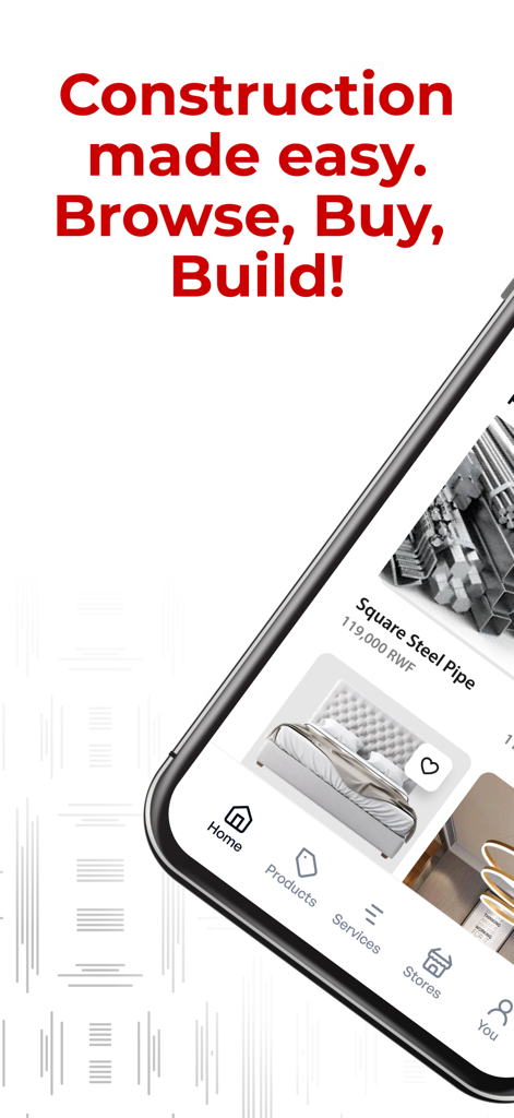 Ziramba - Ziramba mobile app interface displaying construction materials and the slogan Construction made easy