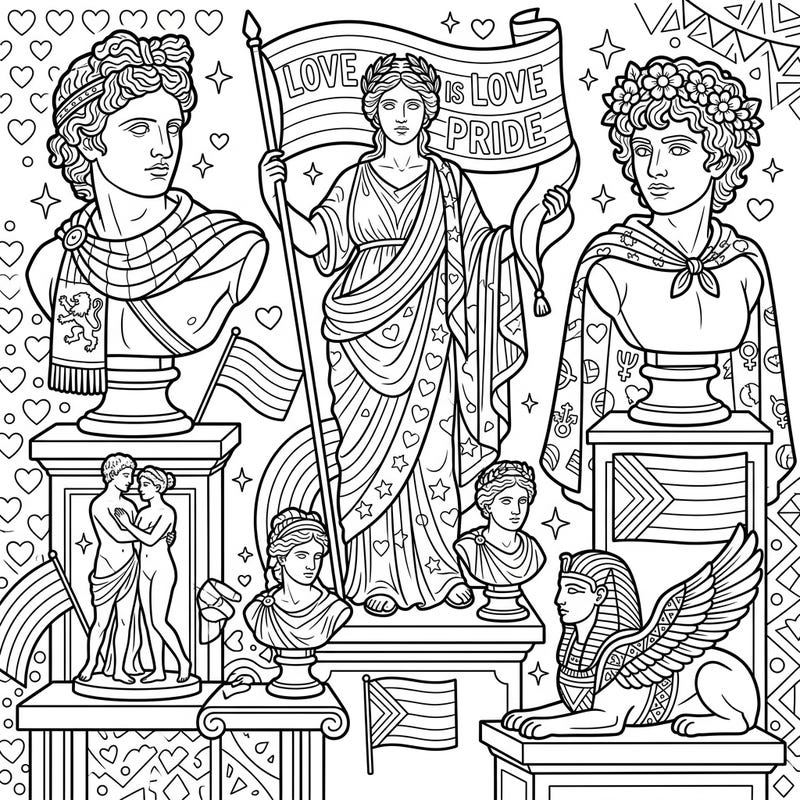 Immerse yourself in a beautiful blend of classical art and modern celebration with our Humanoid Sculptures Pride coloring page. Discover a collection of elegant figures, adorned with symbols of love, diversity, and community, perfect for honoring Pride Month.