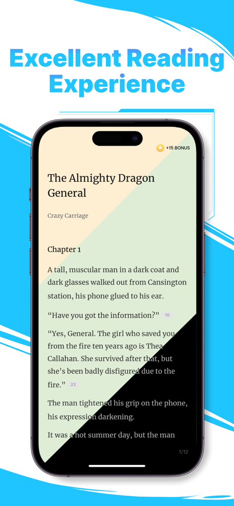 スマートフォン画面：The Almighty Dragon GeneralというタイトルのWeb小説が表示されているMegaNovelアプリの読書インターフェース
