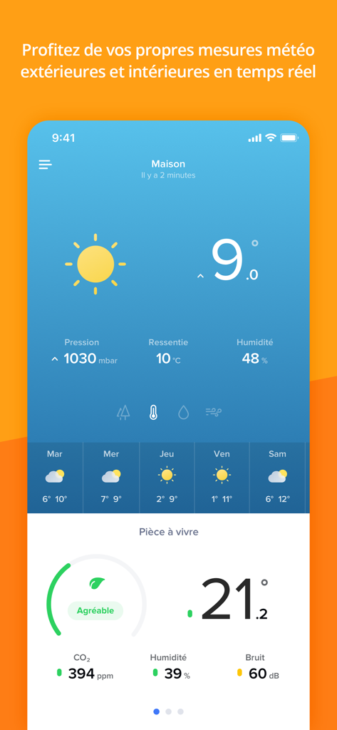 Tableau de bord de l'application Netatmo Weather affichant les données environnementales intérieures et extérieures, notamment la température, le CO2 et l'humidité.