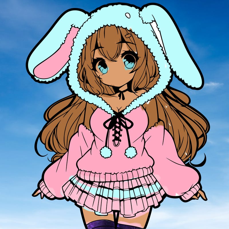pretty anime girl wearing a fluffy hoodie with bunny ears on the hood and a skirt