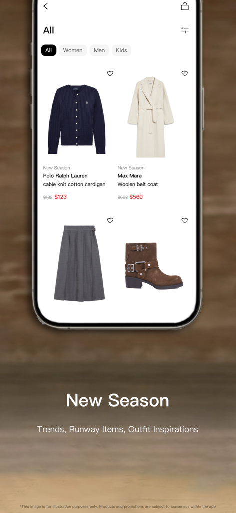SENSER-Shop Luxury Fashion - SENSER app screen showing new season luxury items including a Ralph Lauren cardigan and Max Mara coat