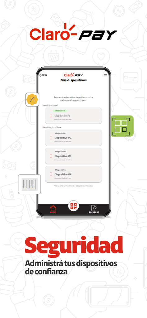 Claro Pay Honduras - Claro Payホンジュラスアプリのセキュリティ画面。アカウント管理のための信頼されたデバイスのリストが表示されています。