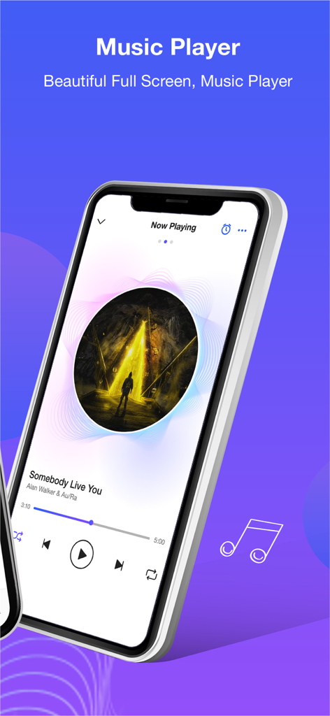 Cloud Music Player Mp3 Offline - Aplicación Cloud Music Player mostrando una interfaz de reproducción ahora en pantalla completa con carátula del álbum y controles.