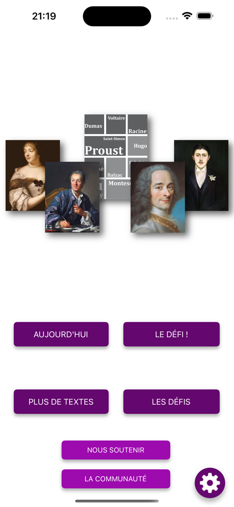 Un Texte Un Jour - Pantalla de inicio de la aplicación Un Texte Un Jour con retratos de autores franceses y botones de menú para lecturas diarias