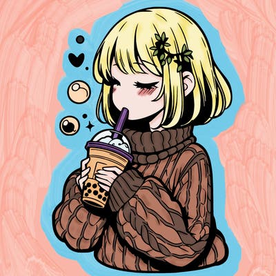 manga girl drinking boba in cozy sweater