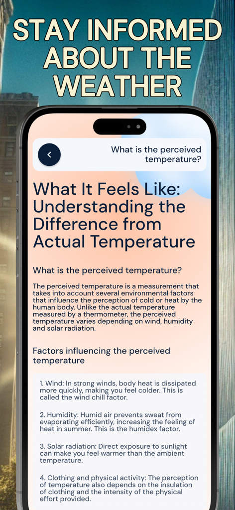 Educational screen explaining the difference between actual and perceived temperature in the Thermometer app.