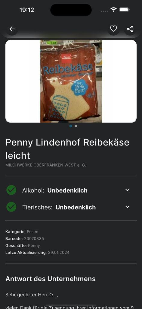 Schermata di analisi del prodotto nell'app HalalCheck per il formaggio Penny Lindenhof che mostra lo stato sicuro per alcol e ingredienti animali