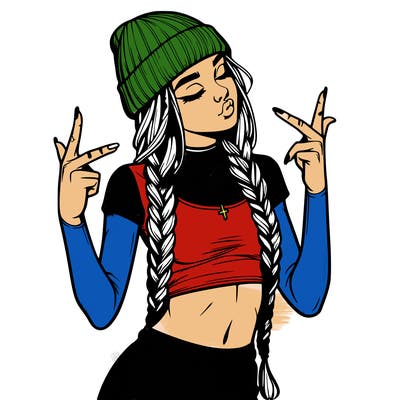 realistic teenage girl with braids and a beanie and crop top doing 🫶🏼