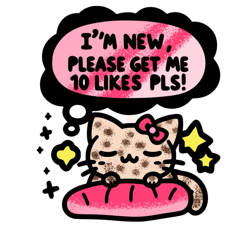 kitty taking a nap dream talking and saying "i'm new, please get me at least 10 likes pls!!"