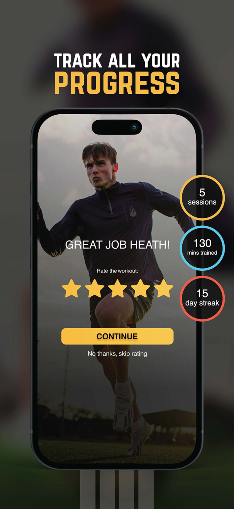 NSP Soccer Training - NSP Soccer Training app screen showing workout statistics including sessions minutes and training streak