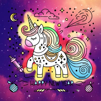 happy new year illustration calligraphic style outline; thin lines; light colors