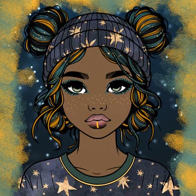 realistic girl with buns in her hair with a beanie on