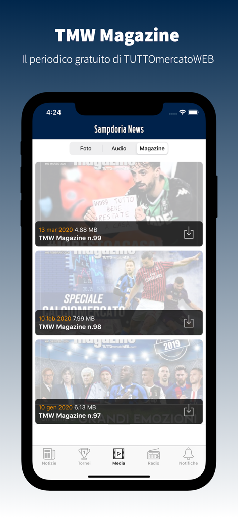 SampdoriaNews.net - Interfaccia dell'app Sampdoria News che mostra l'elenco delle edizioni digitali di TMW Magazine.